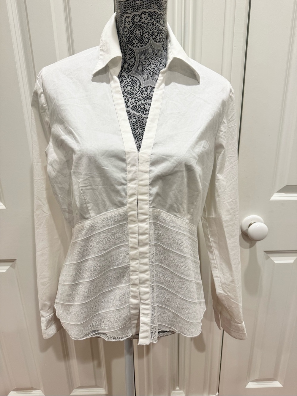 Woman’’s Nine West White Lace-Panel Long Sleeve Shirt Size 14 Coquette Business